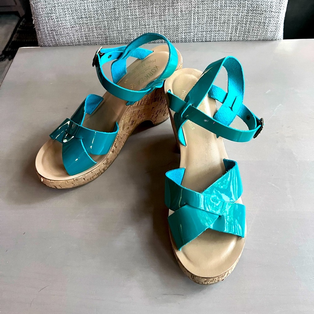 Kork-Ease Blue and Tan Sandals with Cork Platform sz 39/8